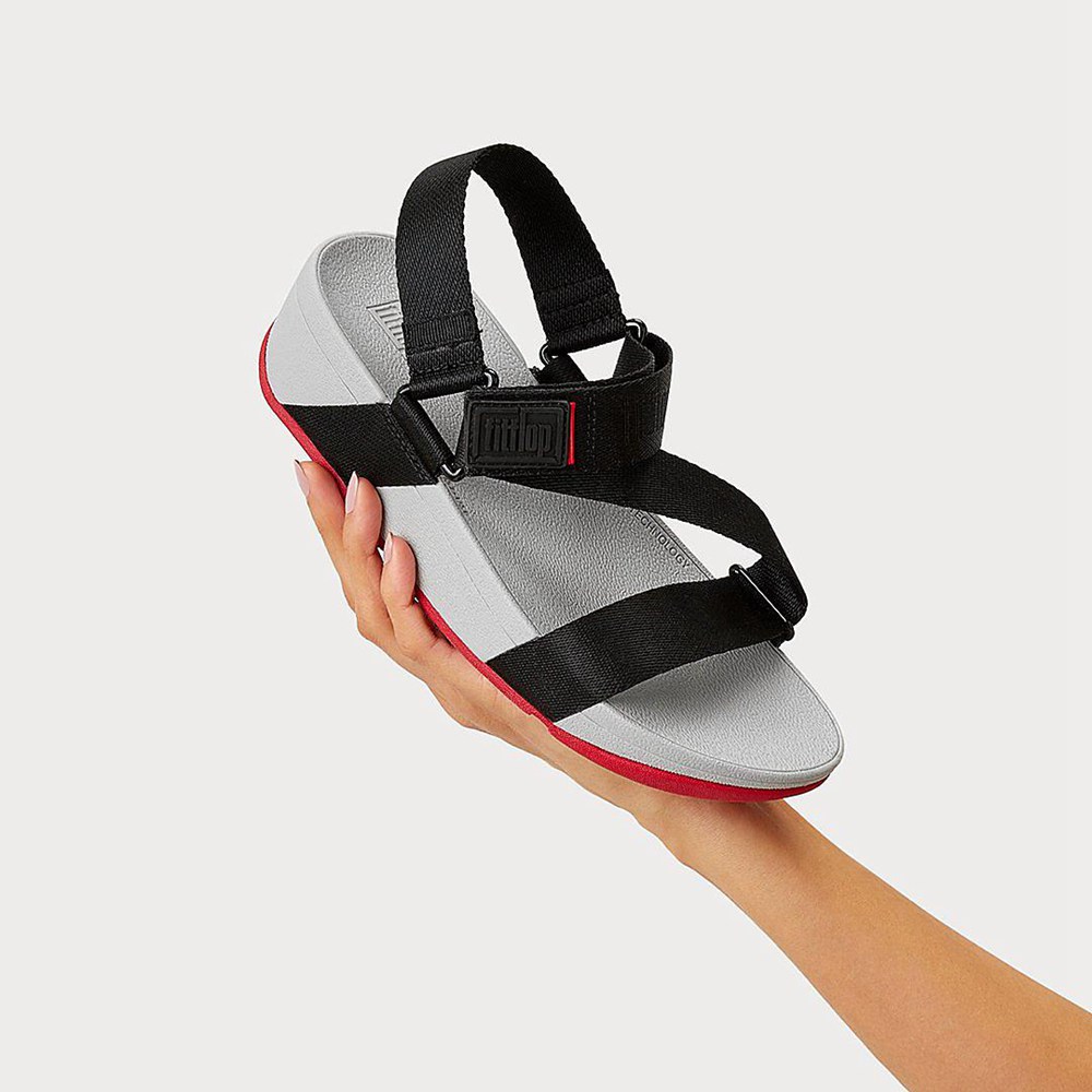 Fitflop Womens Sandals - Surfa Woven Logo Z-strap - Black/Grey - 437-PIGUHS